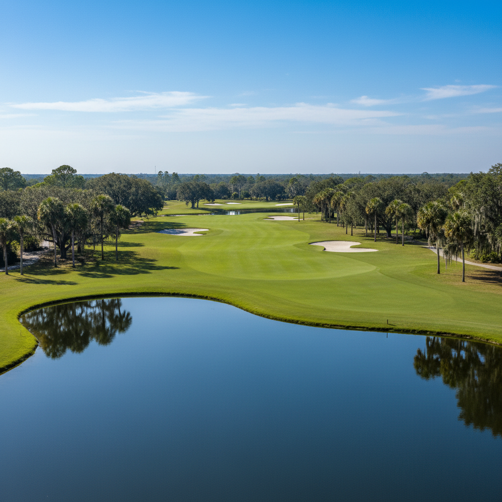 Aerial view of a lush golf course fairway in morning mist